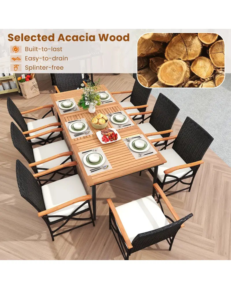 79 Inch Outdoor Acacia Wood Dining Table and 8 Rattan-woven Dining Chairs with Umbrella Hole - Natural - Patio Dining