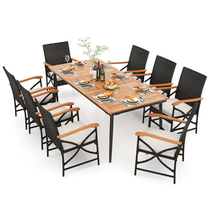 79 Inch Outdoor Acacia Wood Dining Table and 8 Rattan-woven Dining Chairs with Umbrella Hole - Natural - Patio Dining