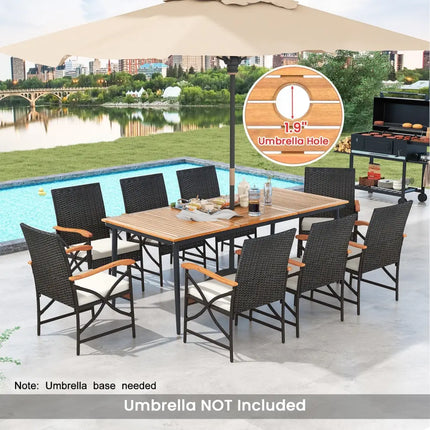 79 Inch Outdoor Acacia Wood Dining Table and 8 Rattan-woven Dining Chairs with Umbrella Hole - Natural - Patio Dining