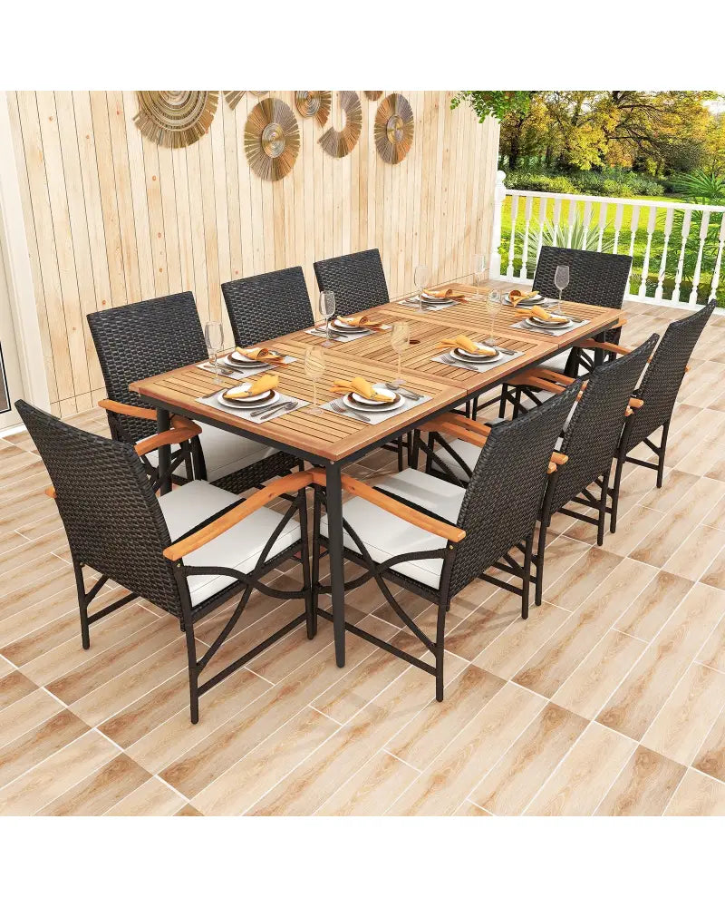 79 Inch Outdoor Acacia Wood Dining Table and 8 Rattan-woven Dining Chairs with Umbrella Hole - Natural - Patio Dining