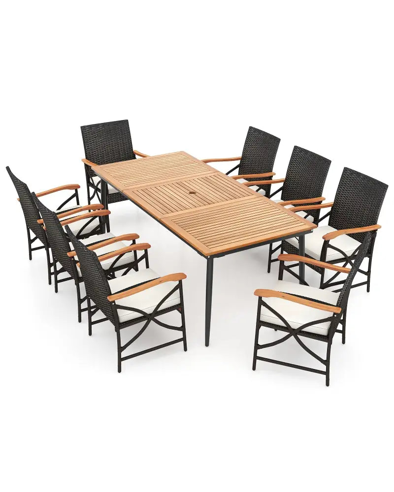 79 Inch Outdoor Acacia Wood Dining Table and 8 Rattan-woven Dining Chairs with Umbrella Hole - Natural - Patio Dining