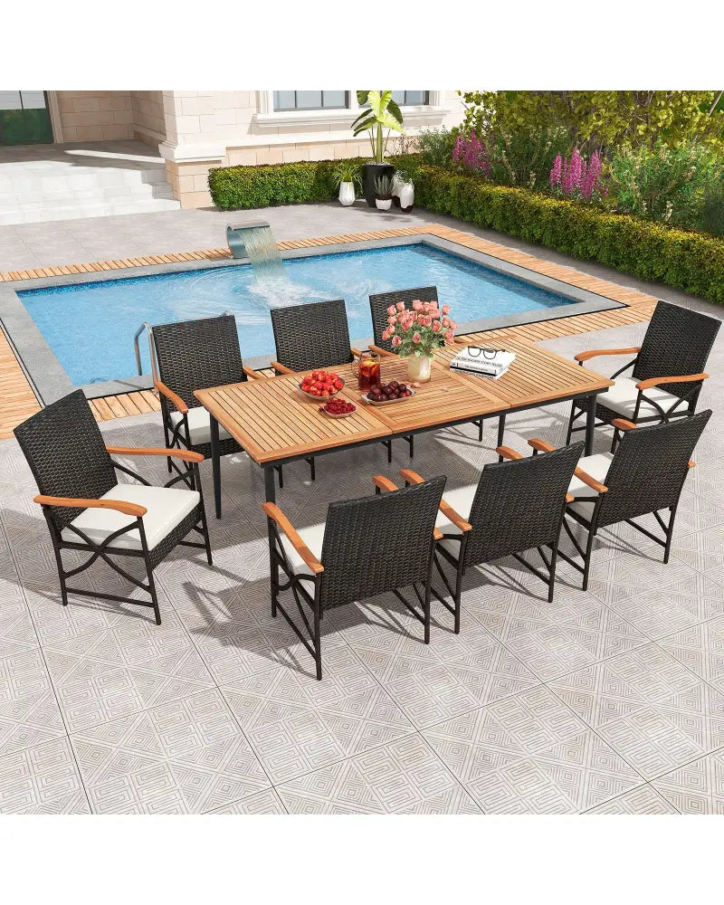 79 Inch Outdoor Acacia Wood Dining Table and 8 Rattan-woven Dining Chairs with Umbrella Hole - Natural - Patio Dining
