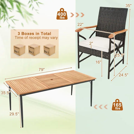 79 Inch Outdoor Acacia Wood Dining Table and 8 Rattan-woven Dining Chairs with Umbrella Hole - Natural - Patio Dining