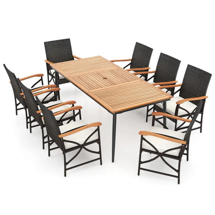 79 Inch Outdoor Acacia Wood Dining Table and 8 Rattan-woven Dining Chairs with Umbrella Hole - Natural - Patio Dining