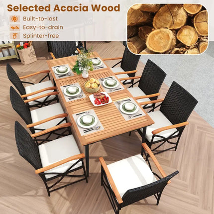 79 Inch Outdoor Acacia Wood Dining Table and 8 Rattan-woven Dining Chairs with Umbrella Hole - Natural - Patio Dining