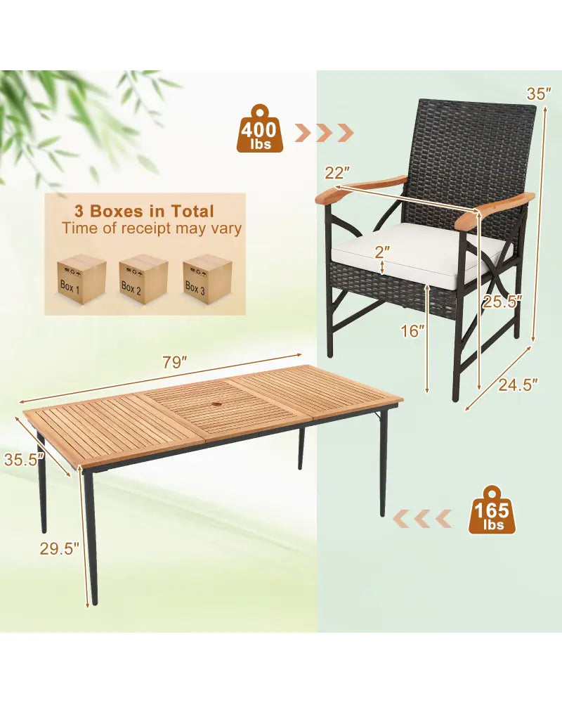 79 Inch Outdoor Acacia Wood Dining Table and 8 Rattan-woven Dining Chairs with Umbrella Hole - Natural - Patio Dining