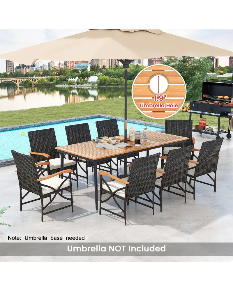 79 Inch Outdoor Acacia Wood Dining Table and 8 Rattan-woven Dining Chairs with Umbrella Hole - Natural - Patio Dining