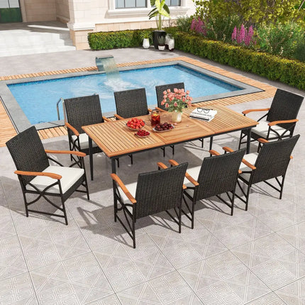 79 Inch Outdoor Acacia Wood Dining Table and 8 Rattan-woven Dining Chairs with Umbrella Hole - Natural - Patio Dining