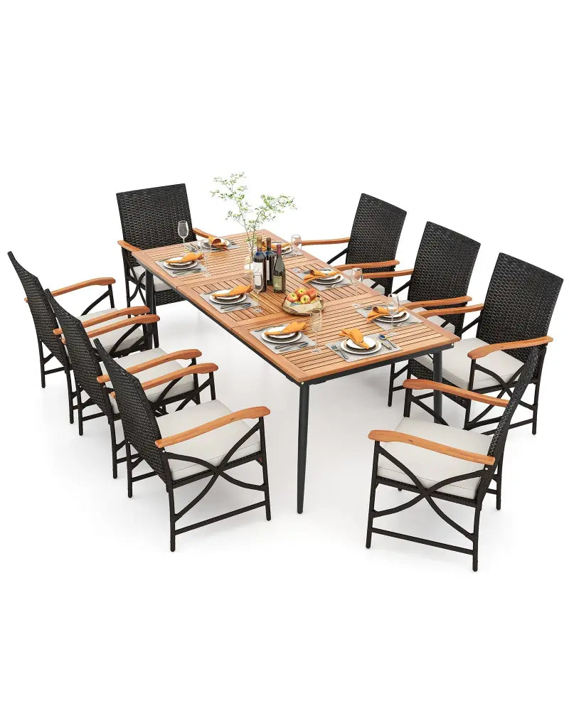 79 Inch Outdoor Acacia Wood Dining Table and 8 Rattan-woven Dining Chairs with Umbrella Hole - Natural - Patio Dining