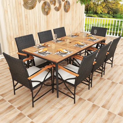 79 Inch Outdoor Acacia Wood Dining Table and 8 Rattan-woven Dining Chairs with Umbrella Hole - Natural - Patio Dining