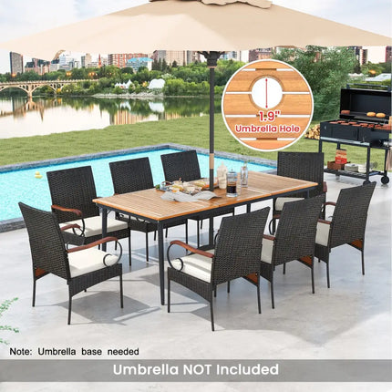 79 Inch Outdoor Dining Table and 8 Rattan-woven Dining Chairs with Acacia Wood Tabletop - Natural - Patio Dining Sets