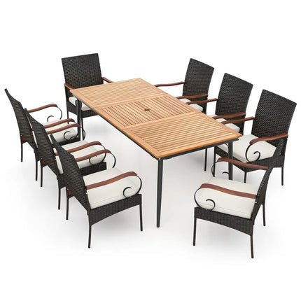 79 Inch Outdoor Dining Table and 8 Rattan-woven Dining Chairs with Acacia Wood Tabletop - Natural - Patio Dining Sets