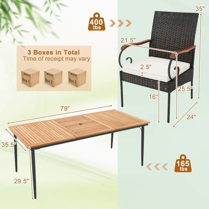 79 Inch Outdoor Dining Table and 8 Rattan-woven Dining Chairs with Acacia Wood Tabletop - Natural - Patio Dining Sets