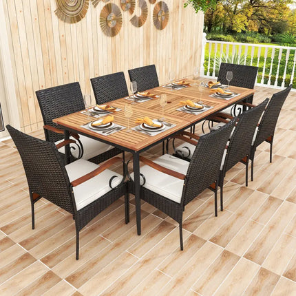 79 Inch Outdoor Dining Table and 8 Rattan-woven Dining Chairs with Acacia Wood Tabletop - Natural - Patio Dining Sets
