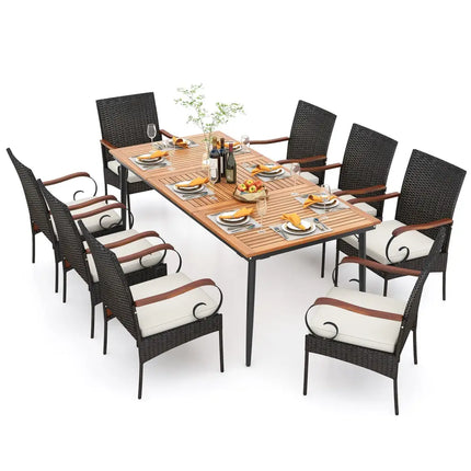 79 Inch Outdoor Dining Table and 8 Rattan-woven Dining Chairs with Acacia Wood Tabletop - Natural - Patio Dining Sets