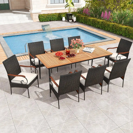 79 Inch Outdoor Dining Table and 8 Rattan-woven Dining Chairs with Acacia Wood Tabletop - Natural - Patio Dining Sets