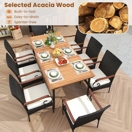 79 Inch Outdoor Dining Table and 8 Rattan-woven Dining Chairs with Acacia Wood Tabletop - Natural - Patio Dining Sets