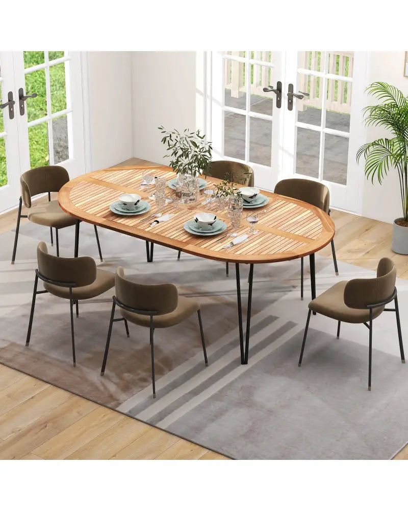79 Inch Oval Patio Dining Table with Umbrella Hole and Acacia Wood Tabletop for 8 People - Natural & Black - Patio