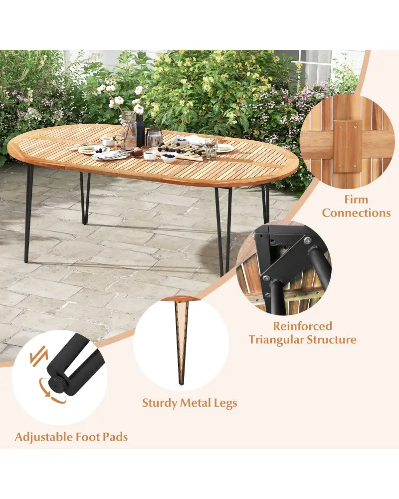 79 Inch Oval Patio Dining Table with Umbrella Hole and Acacia Wood Tabletop for 8 People - Natural & Black - Patio