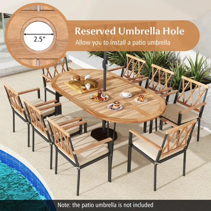 79 Inch Oval Patio Dining Table with Umbrella Hole and Acacia Wood Tabletop for 8 People - Natural & Black - Patio