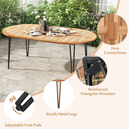 79 Inch Oval Patio Dining Table with Umbrella Hole and Acacia Wood Tabletop for 8 People - Natural & Black - Patio
