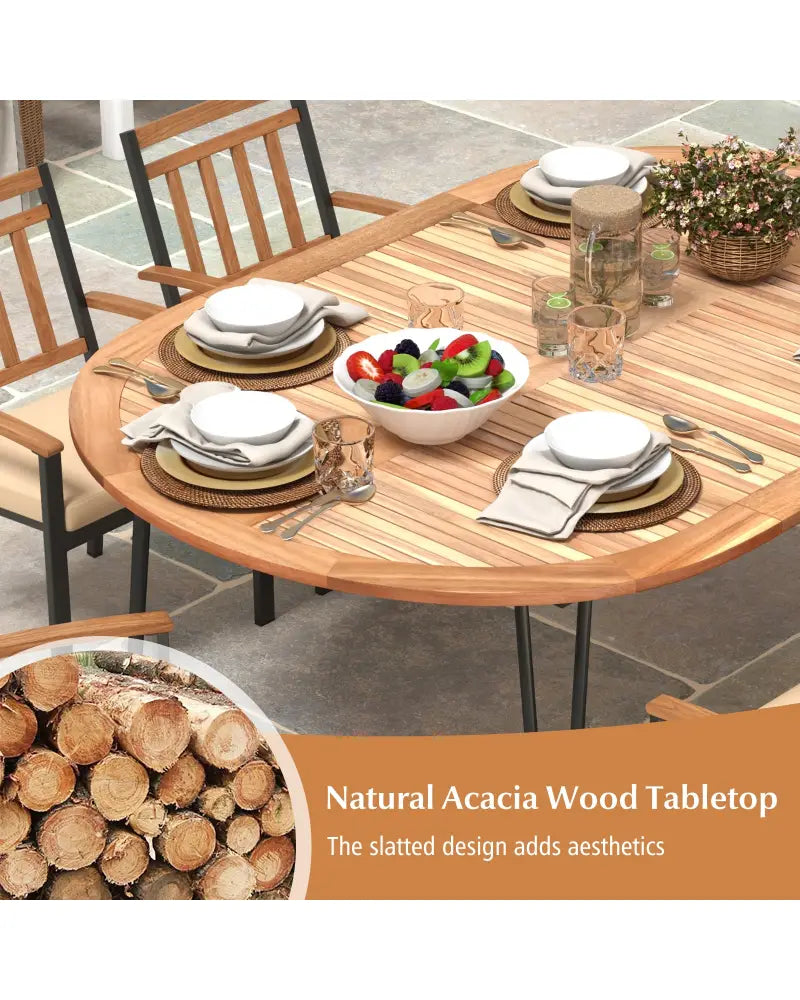 79 Inch Oval Patio Dining Table with Umbrella Hole and Acacia Wood Tabletop for 8 People - Natural & Black - Patio