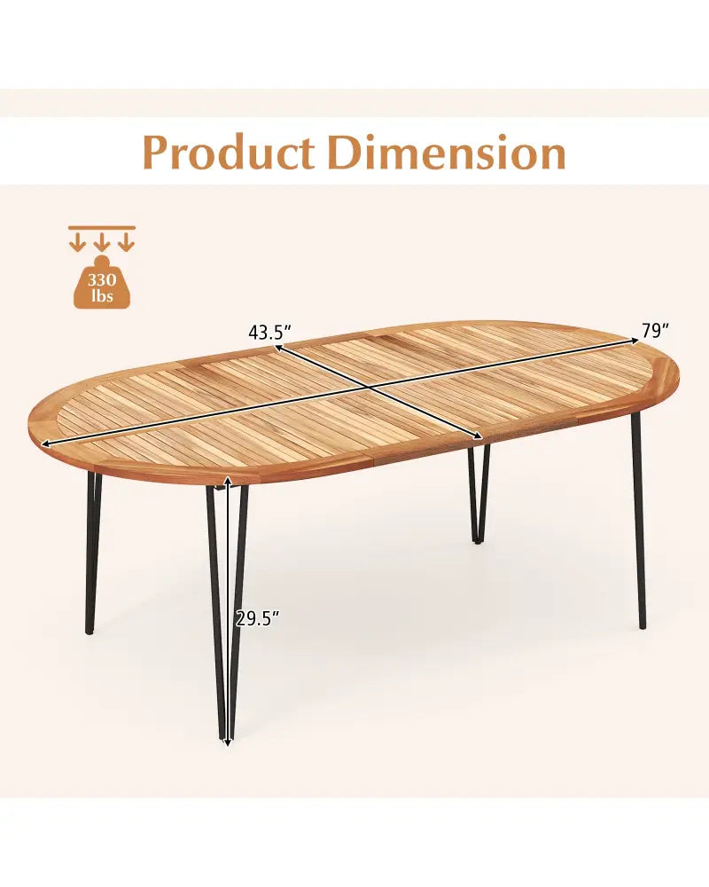 79 Inch Oval Patio Dining Table with Umbrella Hole and Acacia Wood Tabletop for 8 People - Natural & Black - Patio