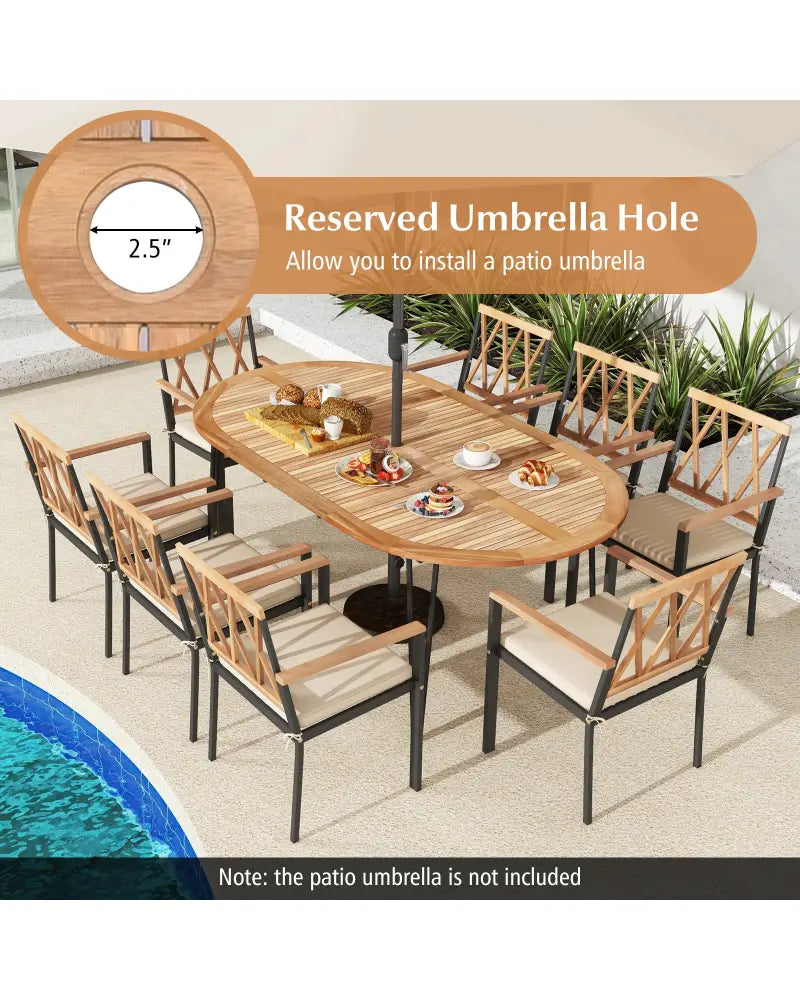 79 Inch Oval Patio Dining Table with Umbrella Hole and Acacia Wood Tabletop for 8 People - Natural & Black - Patio