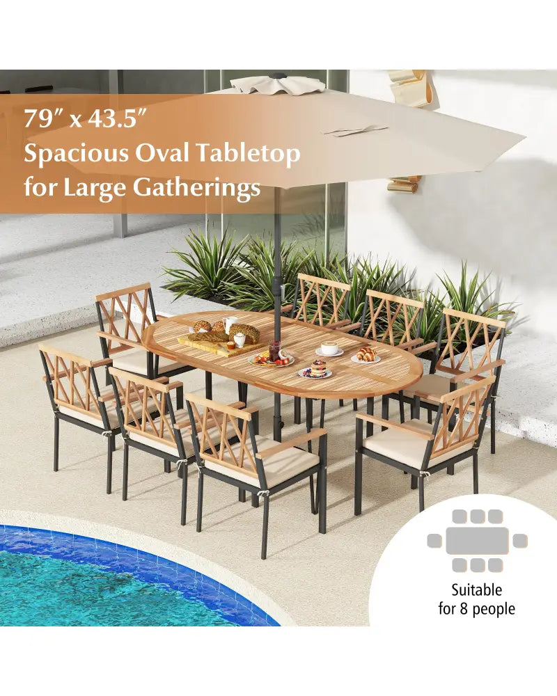 79 Inch Oval Patio Dining Table with Umbrella Hole and Acacia Wood Tabletop for 8 People - Natural & Black - Patio