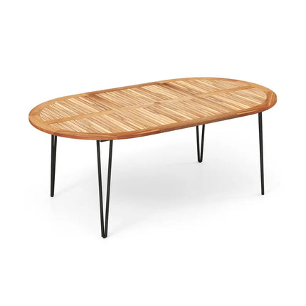 79 Inch Oval Patio Dining Table with Umbrella Hole and Acacia Wood Tabletop for 8 People - Natural & Black - Patio