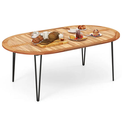 79 Inch Oval Patio Dining Table with Umbrella Hole and Acacia Wood Tabletop for 8 People - Natural & Black - Patio