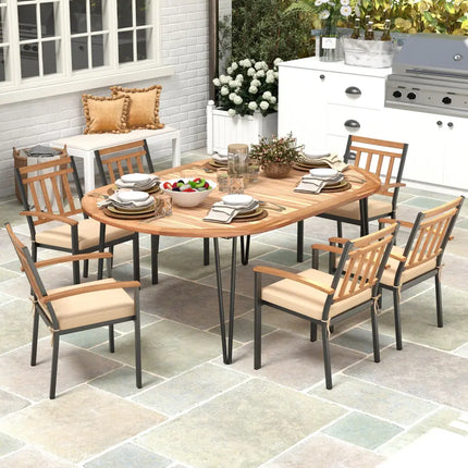 79 Inch Oval Patio Dining Table with Umbrella Hole and Acacia Wood Tabletop for 8 People - Natural & Black - Patio