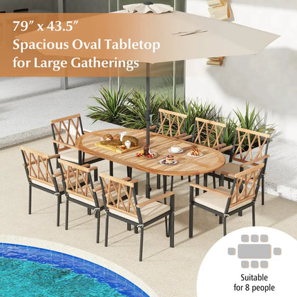 79 Inch Oval Patio Dining Table with Umbrella Hole and Acacia Wood Tabletop for 8 People - Natural & Black - Patio