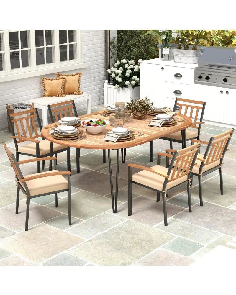 79 Inch Oval Patio Dining Table with Umbrella Hole and Acacia Wood Tabletop for 8 People - Natural & Black - Patio