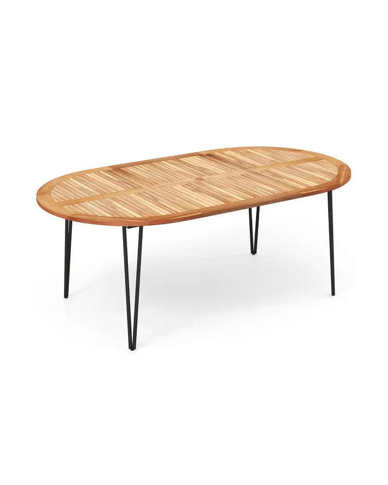 79 Inch Oval Patio Dining Table with Umbrella Hole and Acacia Wood Tabletop for 8 People - Natural & Black - Patio
