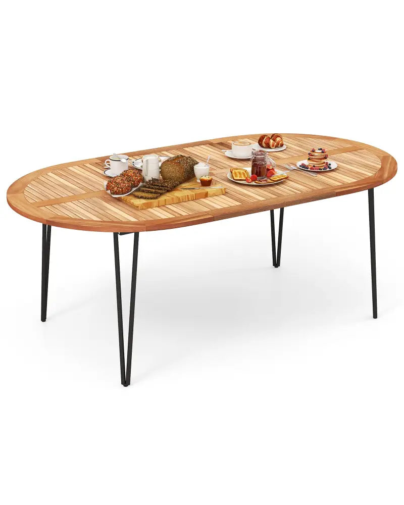 79 Inch Oval Patio Dining Table with Umbrella Hole and Acacia Wood Tabletop for 8 People - Natural & Black - Patio