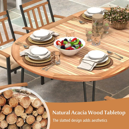 79 Inch Oval Patio Dining Table with Umbrella Hole and Acacia Wood Tabletop for 8 People - Natural & Black - Patio