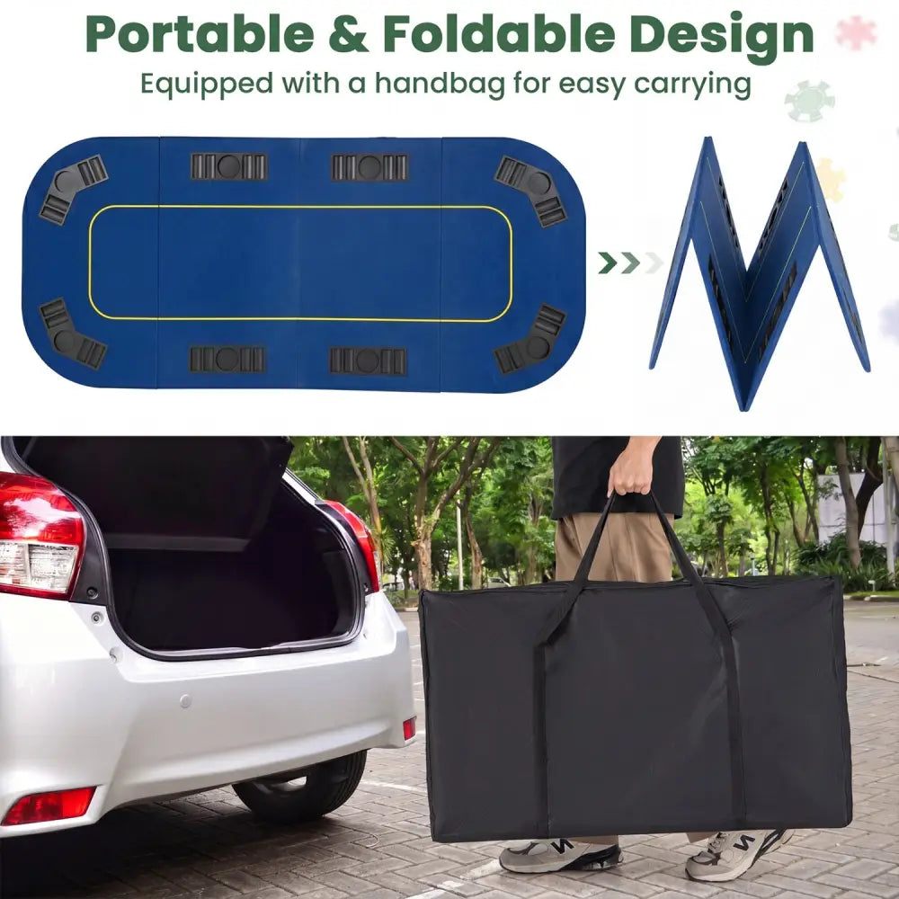 79 Inch x 36 Inch 8-Player Foldable Poker Table Top with Carry Bag and Cup Holders-Blue - Blue - Game Room