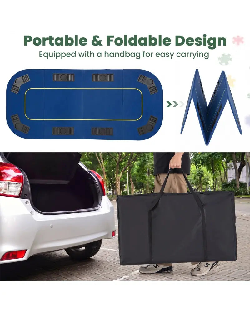 79 Inch x 36 Inch 8-Player Foldable Poker Table Top with Carry Bag and Cup Holders-Blue - Blue - Game Room