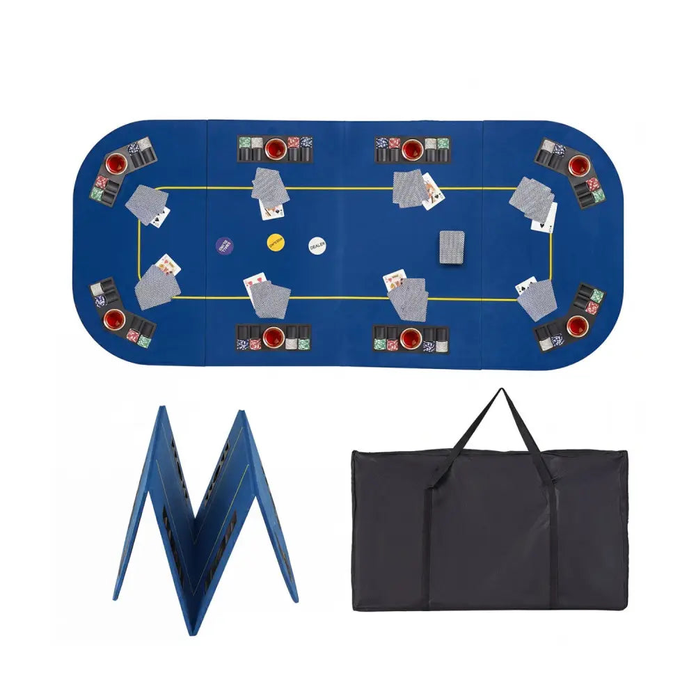 79 Inch x 36 Inch 8-Player Foldable Poker Table Top with Carry Bag and Cup Holders-Blue - Blue - Game Room