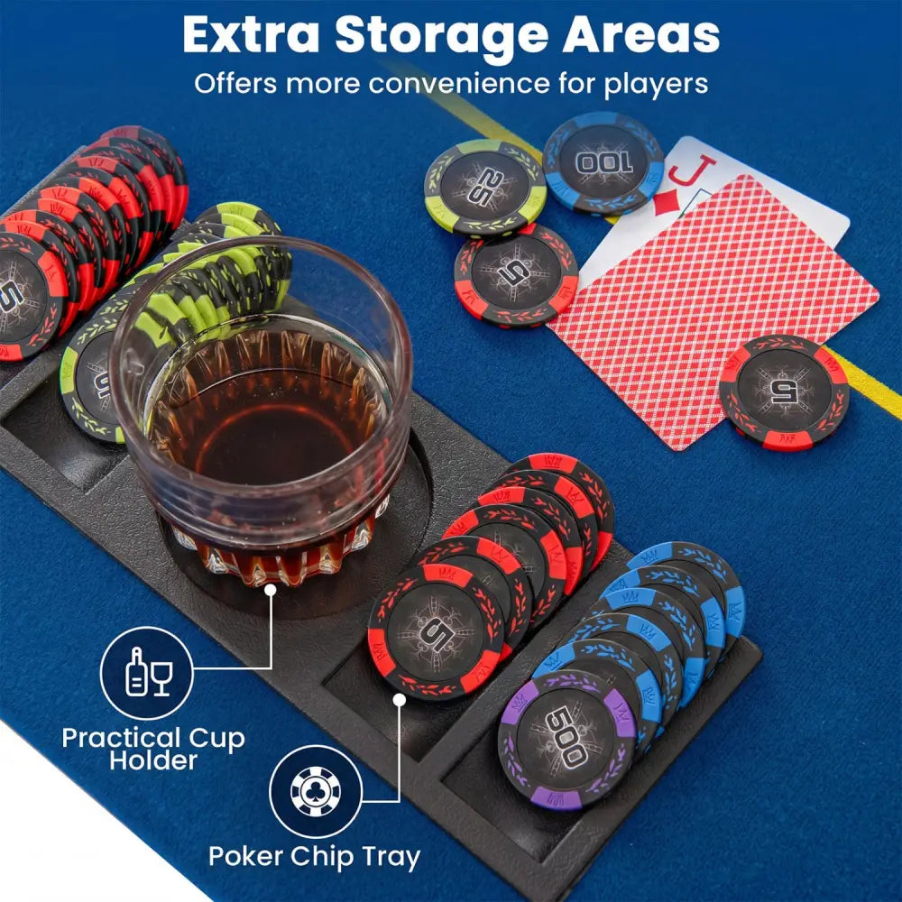 79 Inch x 36 Inch 8-Player Foldable Poker Table Top with Carry Bag and Cup Holders-Blue - Blue - Game Room