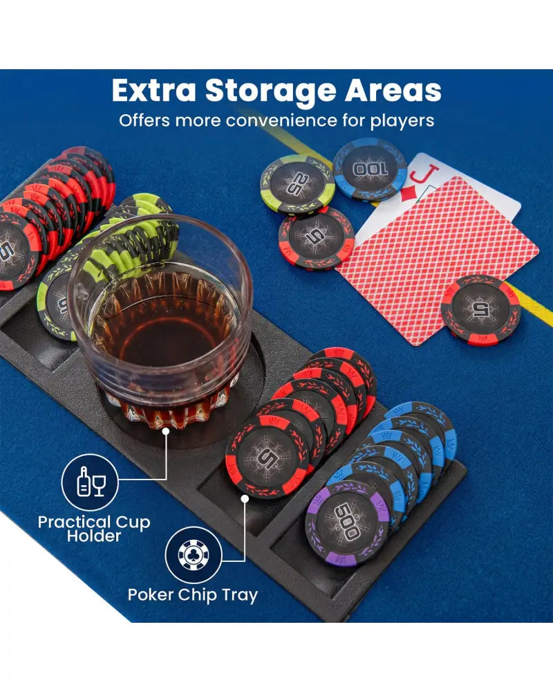 79 Inch x 36 Inch 8-Player Foldable Poker Table Top with Carry Bag and Cup Holders-Blue - Blue - Game Room