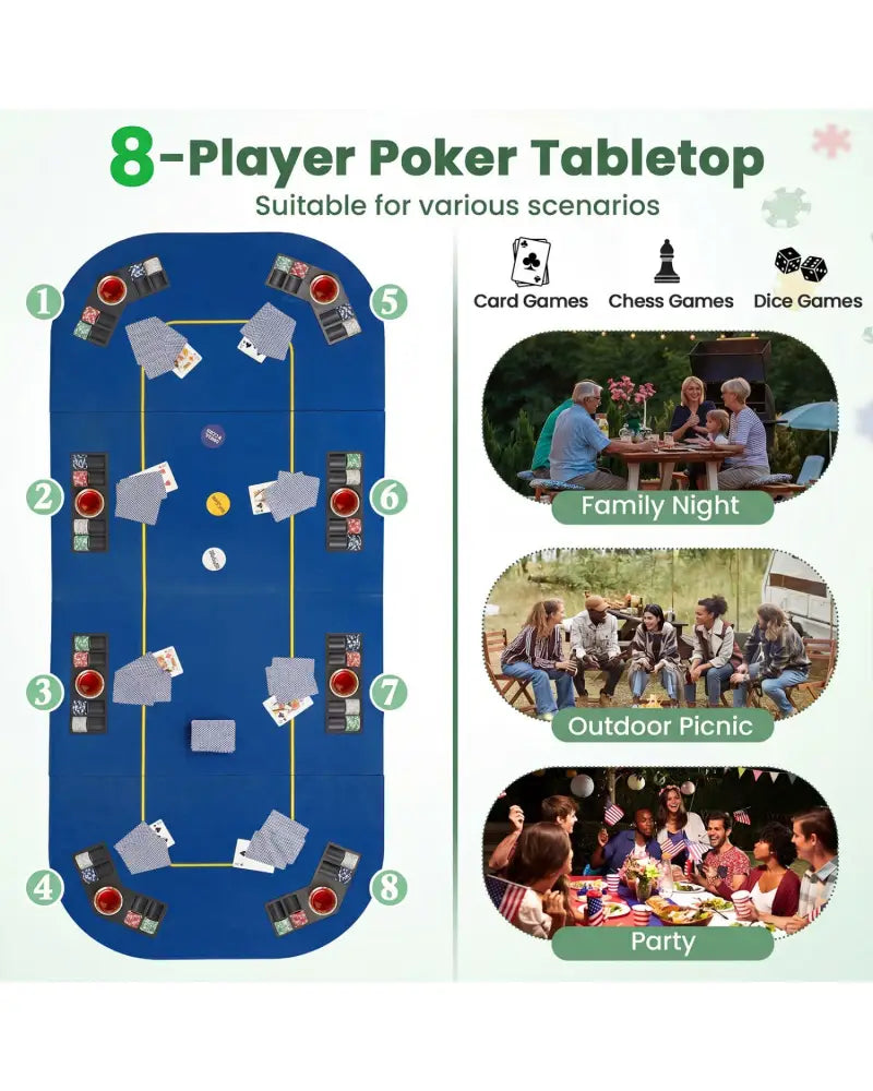 79 Inch x 36 Inch 8-Player Foldable Poker Table Top with Carry Bag and Cup Holders-Blue - Blue - Game Room