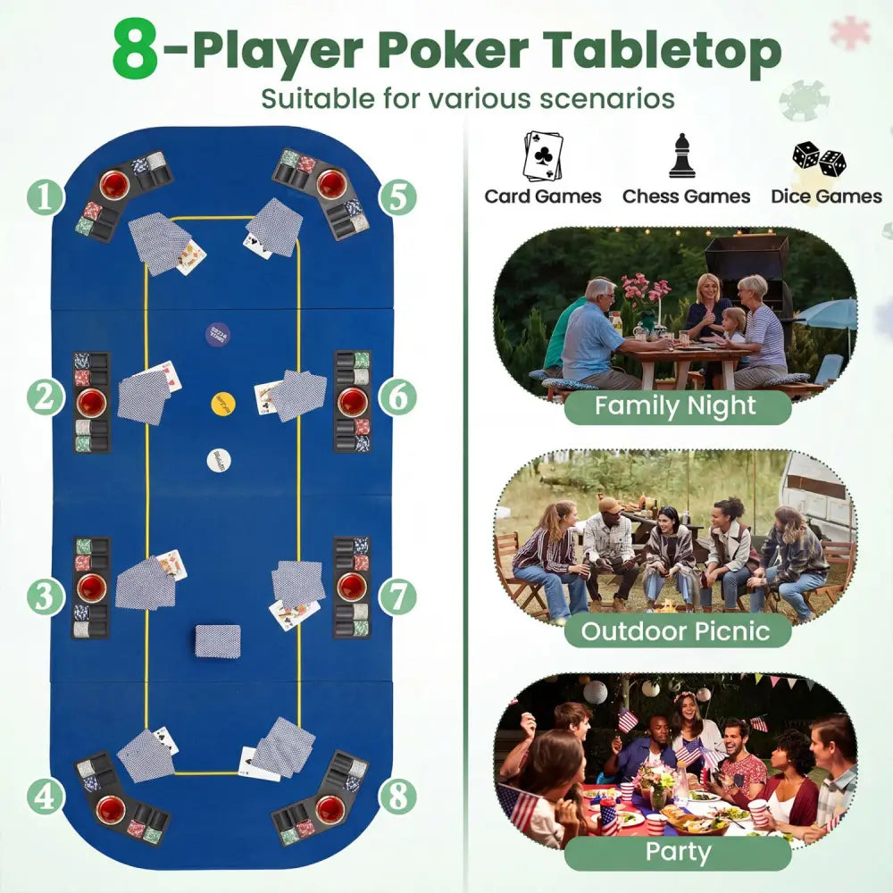79 Inch x 36 Inch 8-Player Foldable Poker Table Top with Carry Bag and Cup Holders-Blue - Blue - Game Room