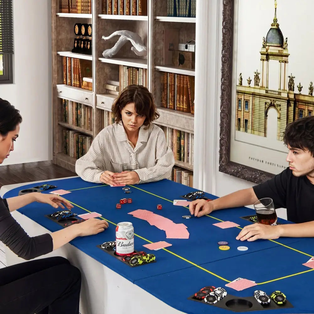 79 Inch x 36 Inch 8-Player Foldable Poker Table Top with Carry Bag and Cup Holders-Blue - Blue - Game Room