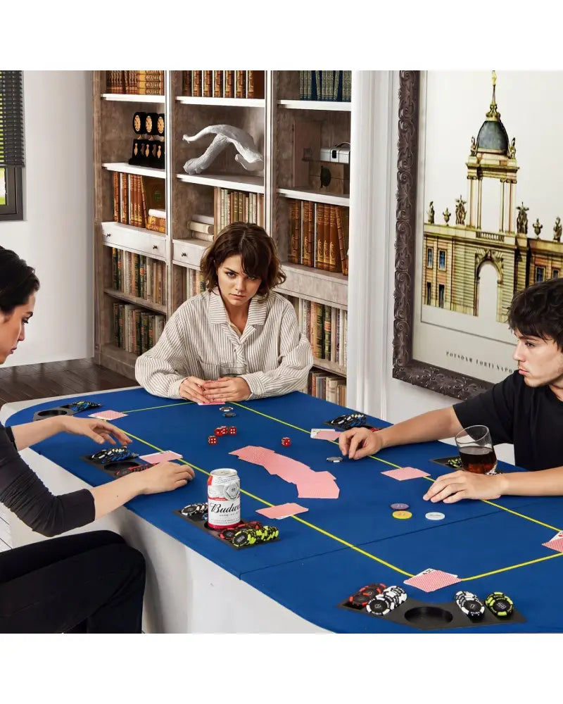 79 Inch x 36 Inch 8-Player Foldable Poker Table Top with Carry Bag and Cup Holders-Blue - Blue - Game Room
