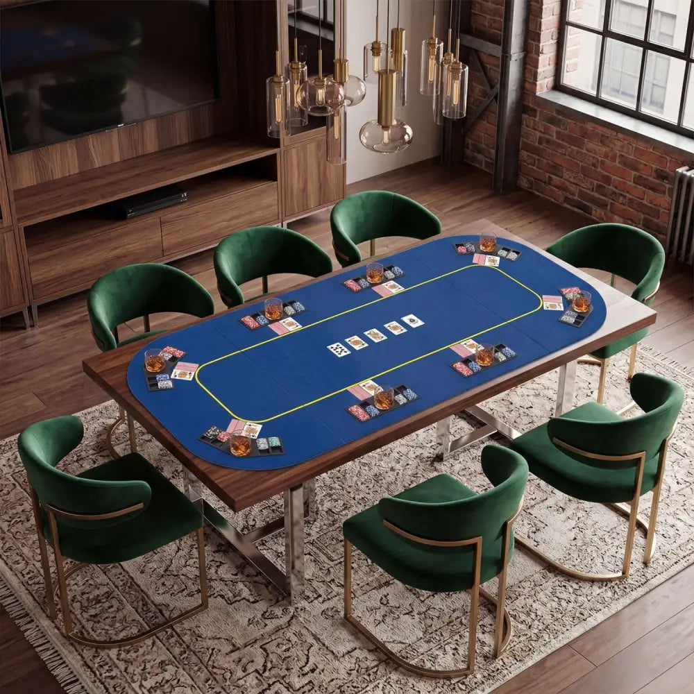 79 Inch x 36 Inch 8-Player Foldable Poker Table Top with Carry Bag and Cup Holders-Blue - Blue - Game Room