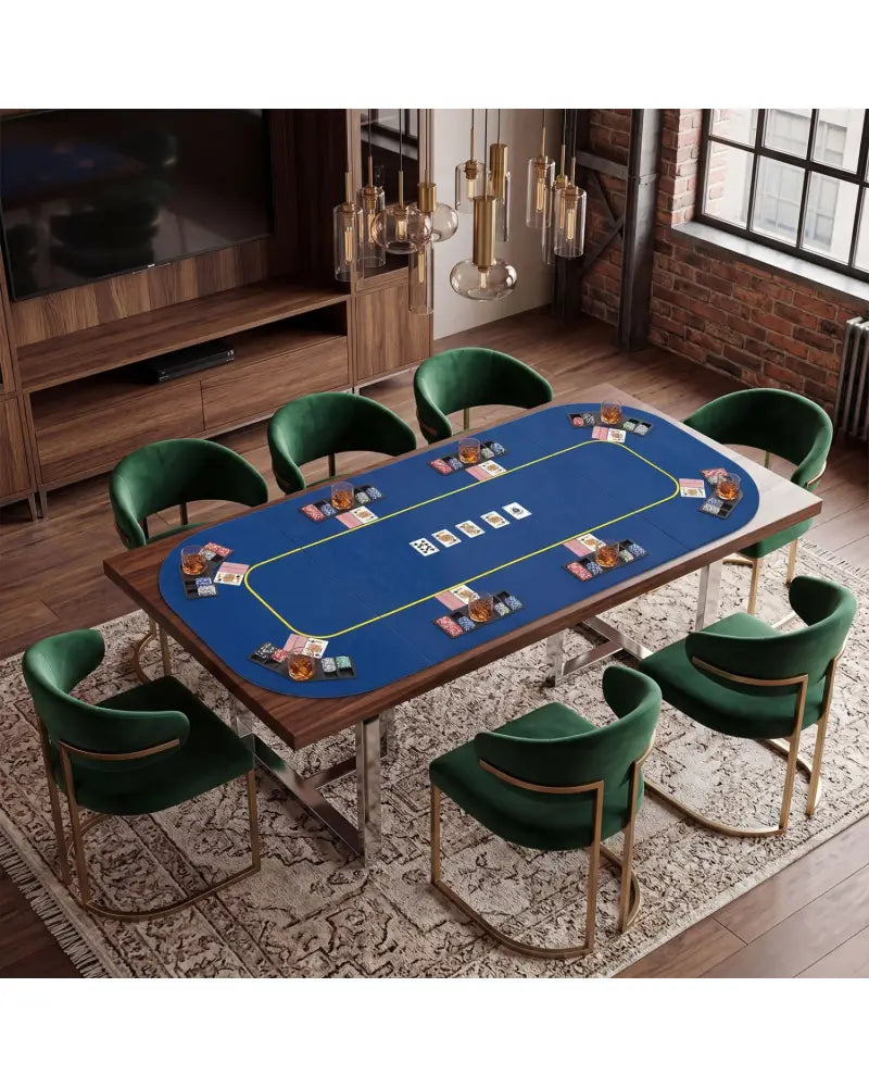 79 Inch x 36 Inch 8-Player Foldable Poker Table Top with Carry Bag and Cup Holders-Blue - Blue - Game Room
