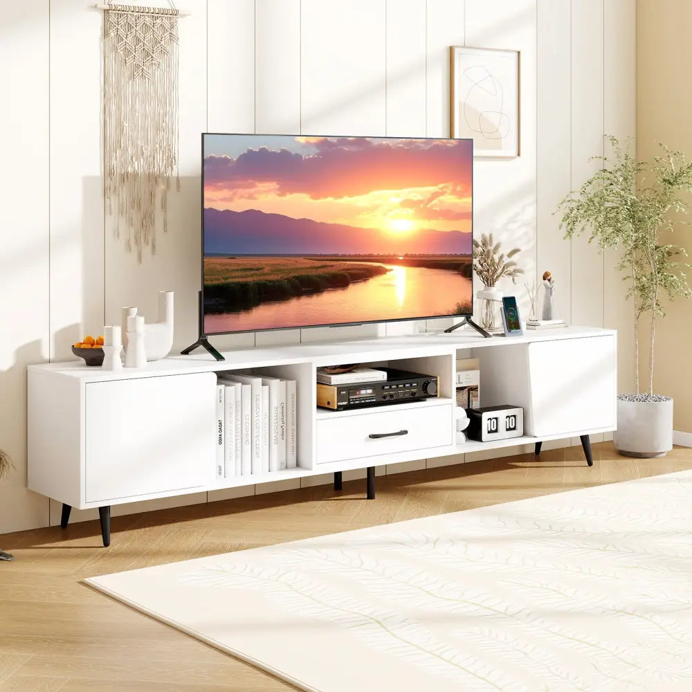 79’’ TV Stand for TVs up to 90 Inches Entertainment Center Wood Media Console Table Modern Mid Century TV Cabinet-White