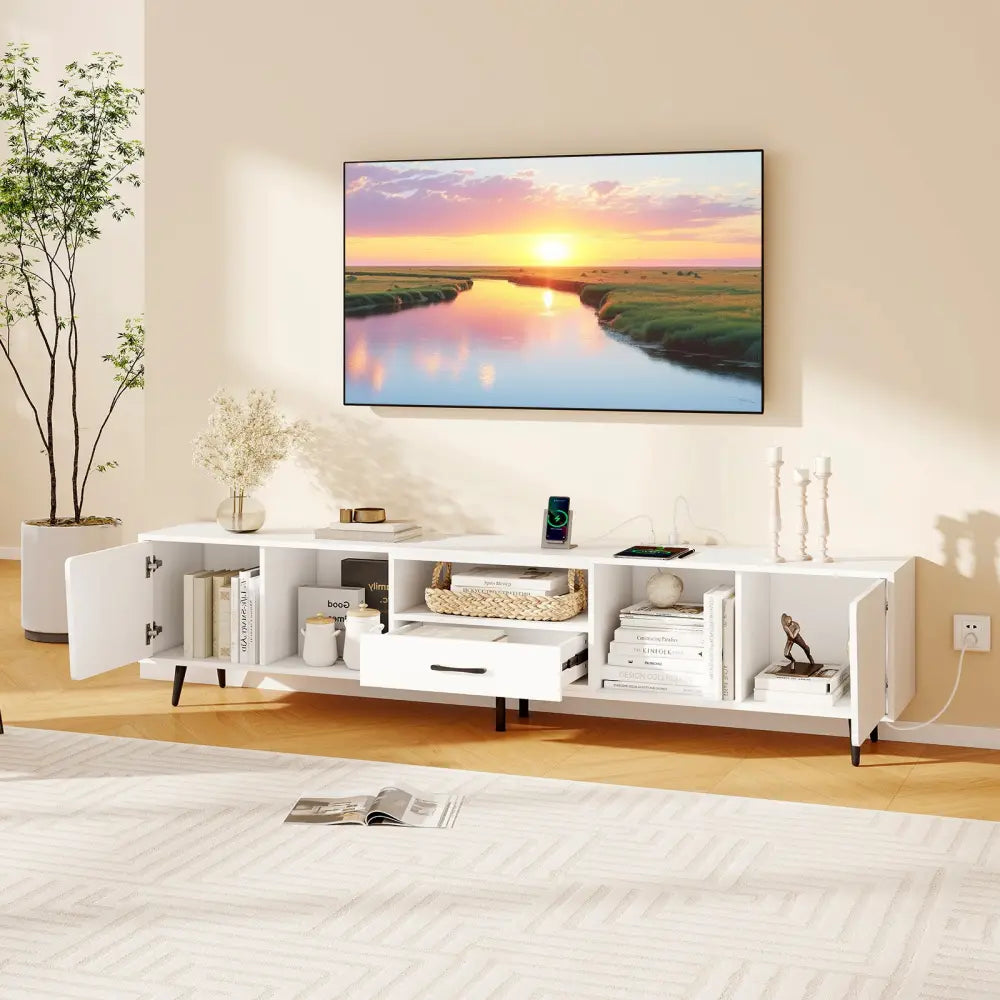 79’’ TV Stand for TVs up to 90 Inches Entertainment Center Wood Media Console Table Modern Mid Century TV Cabinet-White